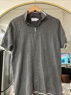 Topman Gray Short-Sleeve Zip-Knit Polo with Contrast Trim